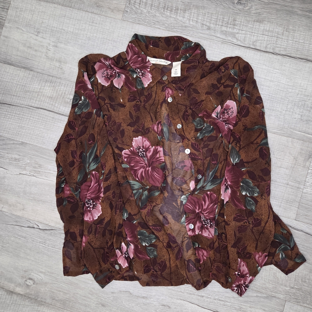 Vintage 100% Silk Brown Floral Long Slevee Button Up Womens Blosue Size 1X